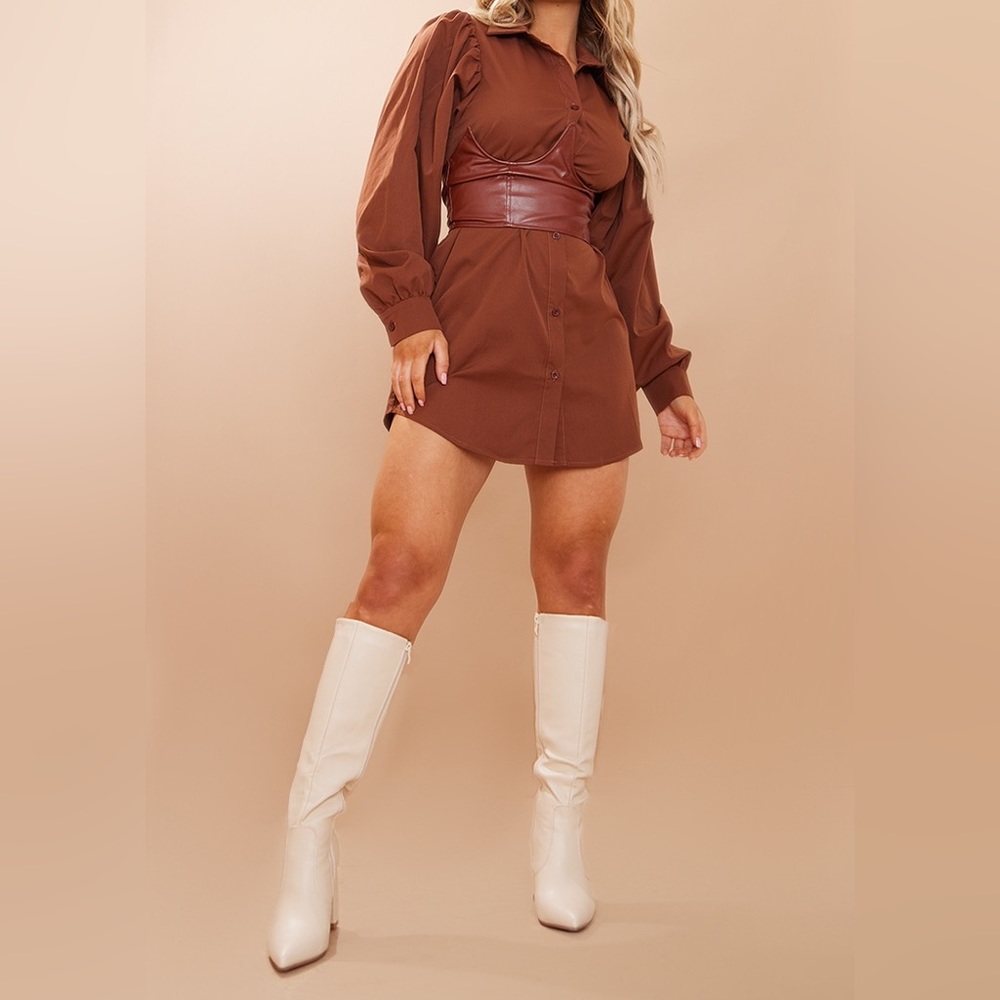 Chocolate Faux Leather Corset Detail Shirt Dress